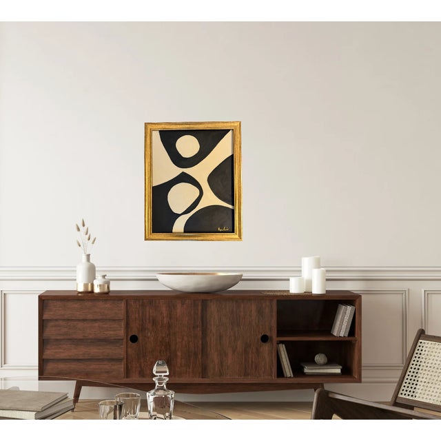 Bryan Boomershine, original abstract Mid-Century Inspired Painting in cream and black with a gold frame. This painting...