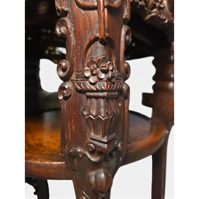 Companion Pair of Late Qing Dynasty–Early Republic Era Cantonese Carved Hardwood Marble-Top Stands For Sale - Image 12 of 14