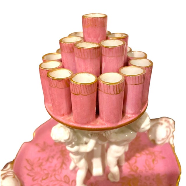 Antique Carl Thieme Dresden Pink Porcelain Cherub Cigarette Holder / Flower Frog Vase For Sale - Image 13 of 14