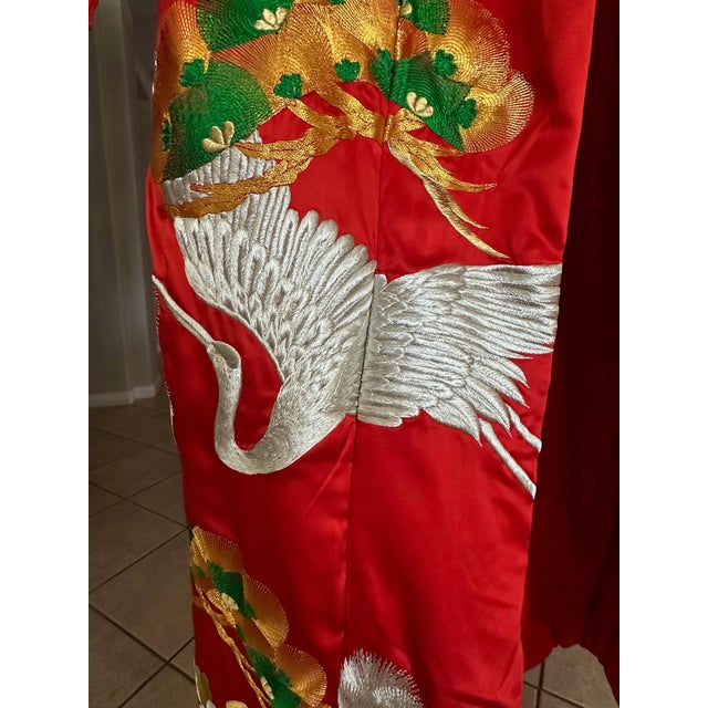 Vintage Red Brocade With Flying Cranes Japanese Ceremonial Kimono For Sale - Image 9 of 18