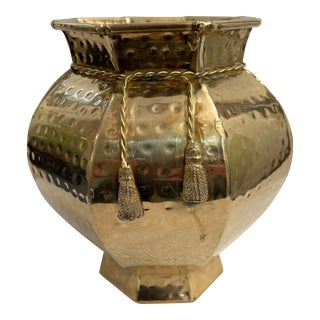 1970’s Hammered Brass Octagonal Vase With Rope and Tassel Trim For Sale