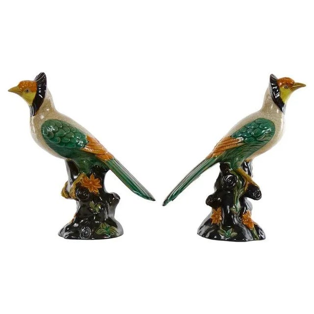 Large Pair English Glazed Porcelain / Terracotta Birds Statues For Sale - Image 13 of 13