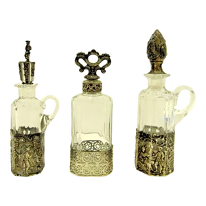 Set of 3 Antique Reticulated Metal and Glass Cruet Set Hanau and Italian