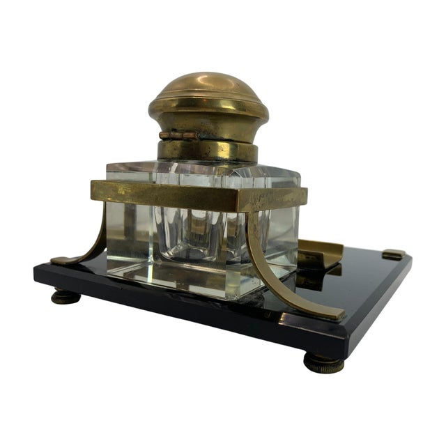Art Deco Lacquered Desk Set with Brass Bound Bevelled Glass Inkwell, Set of 4 For Sale - Image 12 of 18