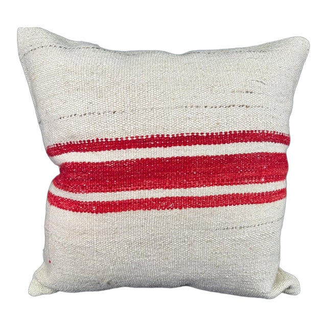 Turkish Hemp Pillow Cushion Natural Beige Red Pillow Cushion Cover 24"x24" For Sale