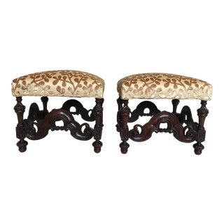 Charles II Style English Jacobean Tutor Mahogany Footstool Upholstered in Beacon Hill Sommer Sonata - a Pair For Sale