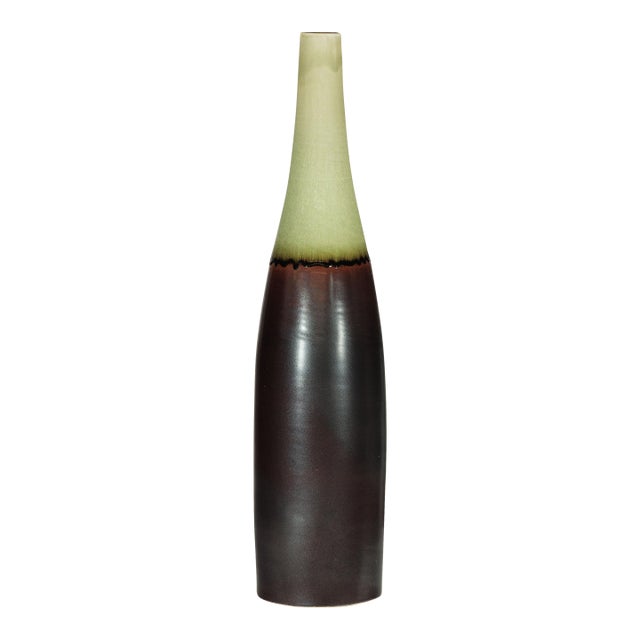 Artisan Tall Ceramic Vase with Charcoal Body and Moss Green Glazed Neck For Sale