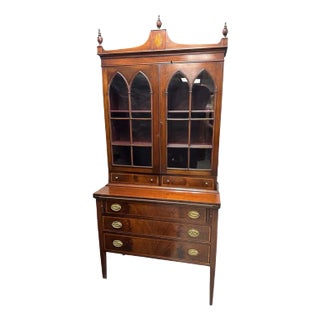 1880s American Federal Mahogany Secretary Desk Display Cabinet Bookcase For Sale