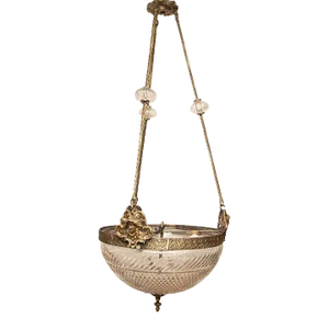 Vintage Art Deco Dome Ceiling Hanging Fixture in Brass & Crystal Cut Glass