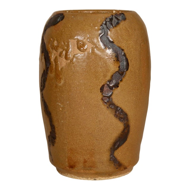 Organic Wheel Thrown Wood-Fired Stoneware Vase With Snake-Like Raised Surface Lines For Sale
