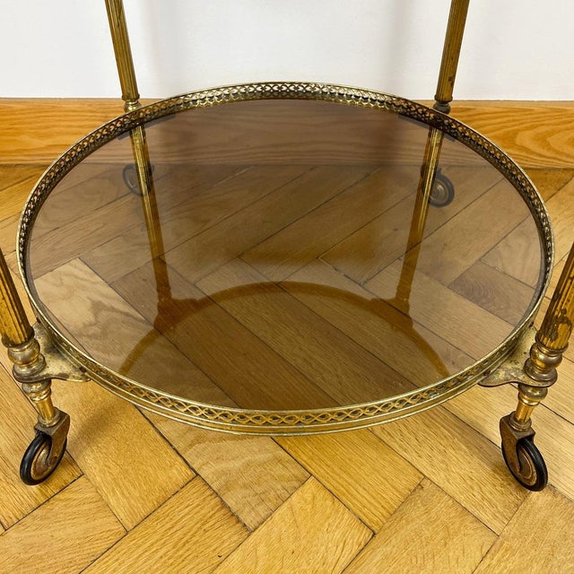 Metal Mid-Century Round Brass and Glass Rolling Trolley For Sale - Image 7 of 11