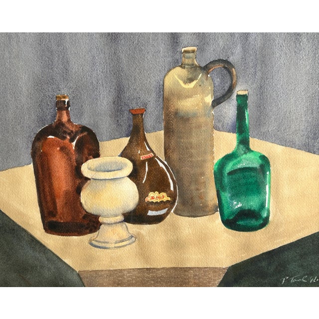 Still Life Watercolor Painting Bottles and Mortar | Chairish