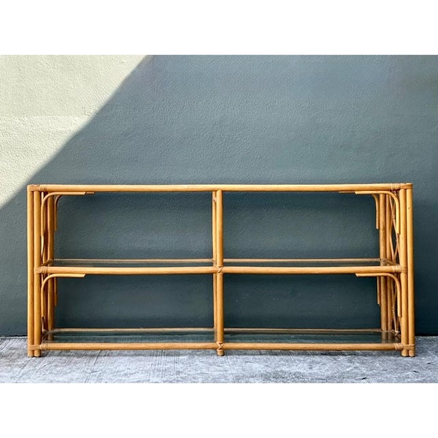 Camel Vintage Trellis Rattan and Glass Console Table For Sale - Image 8 of 12