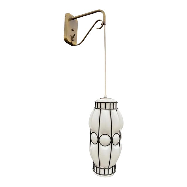 1950s Mid Century Modern Caged Murano White Glass Hanging Light For Sale