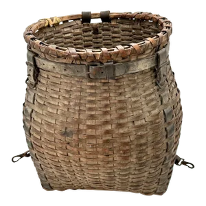 Outstanding Large Antique American Hand Woven Ash Wood Splint & Leather Adarondack Backpack Basket Circa 1900