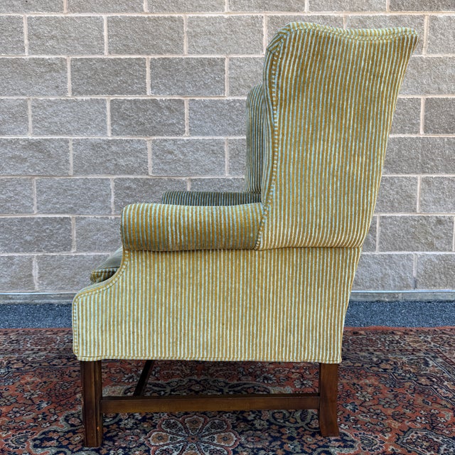 Vintage Ethan Allen Traditional Chippendale Wingback Lounge Chair in Striped Olive Green For Sale - Image 10 of 17