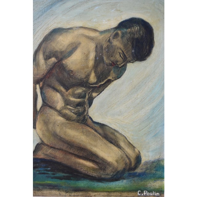 Mid 20th Century Vintage Art Deco Style Kneeling Male Nude Oil on Board Painting, Circa Mid 20th Century For Sale - Image 5 of 18