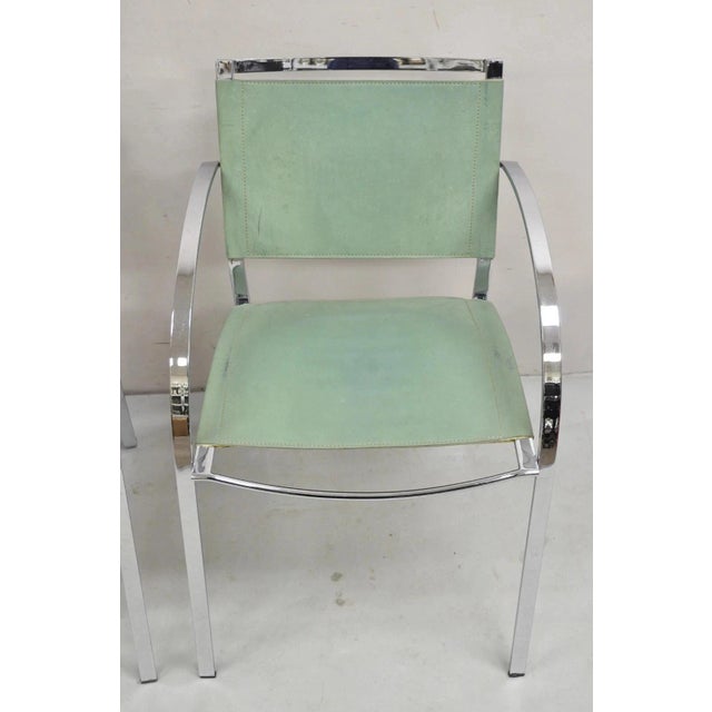 Late 20th Century Italian Modern Naos Italy Teal Blue Leather Chrome "Corset" Arm Chairs - A Pair For Sale - Image 4 of 12
