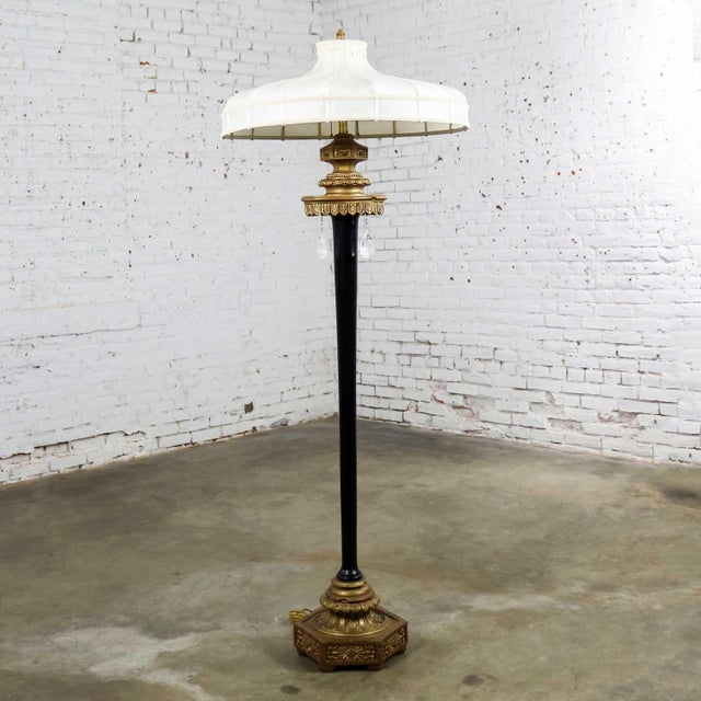 Large Beaux Arts Black Gilt Floor Lamp With Handmade Shade