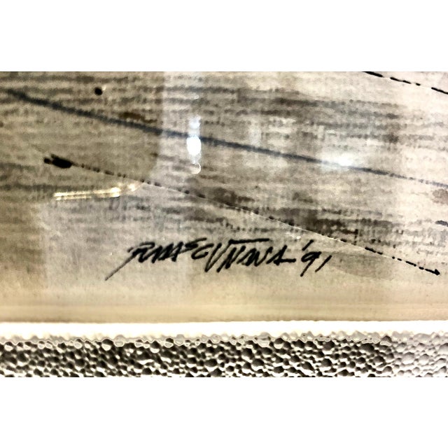 1990s Framed Watercolor of a Park's Bull Sculpture Being Admired For Sale - Image 5 of 6