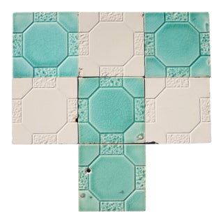 Art Deco Set of Seven Large Portuguese Glazed Tiles Mint Green & White Geometric Design c.1910s For Sale
