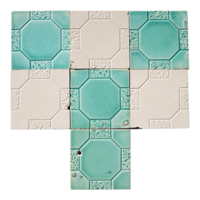 Art Deco Set of Seven Large Portuguese Glazed Tiles Mint Green & White Geometric Design c.1910s For Sale