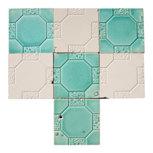 Art Deco Set of Seven Large Portuguese Glazed Tiles Mint Green & White Geometric Design c.1910s