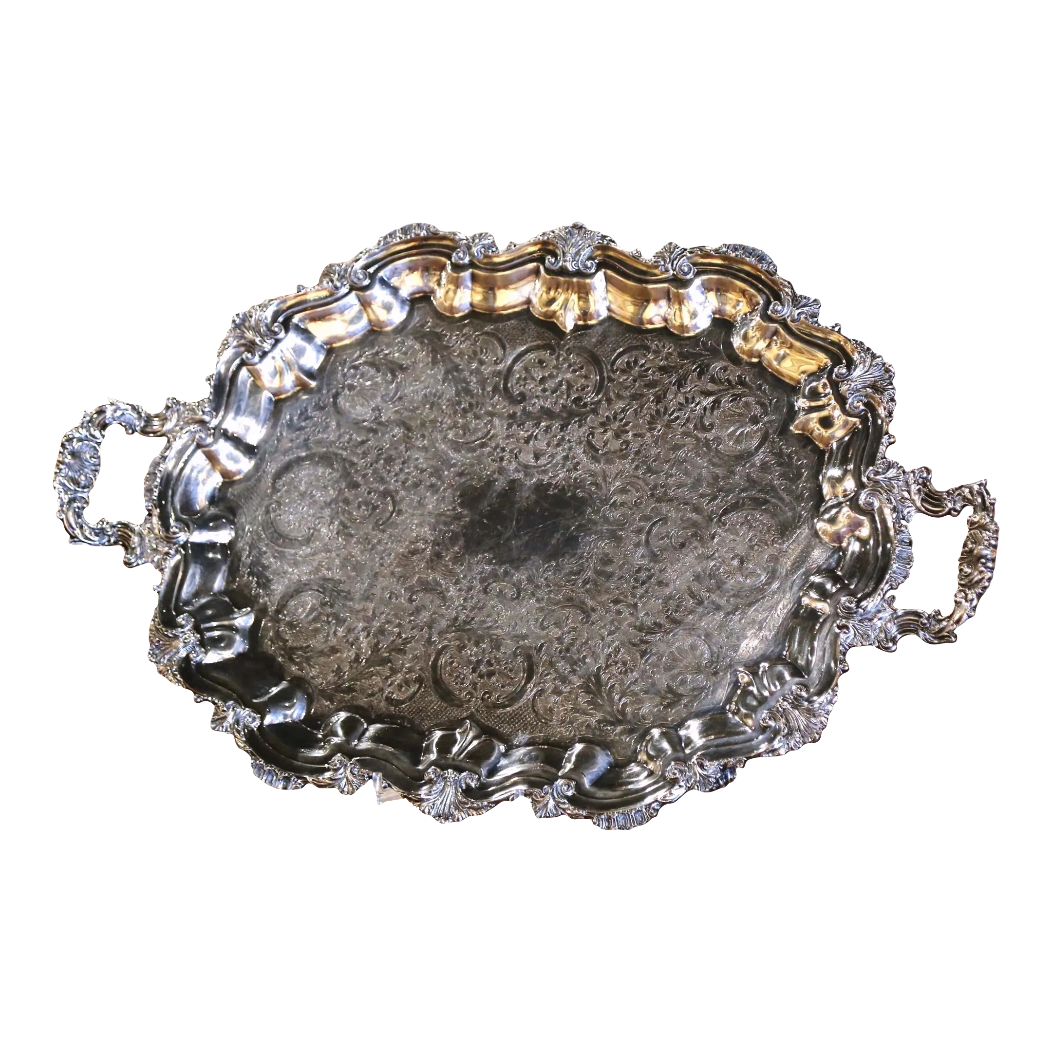 Mid Century French Louis XV Silver Plated Tray With Ornate Scrolls