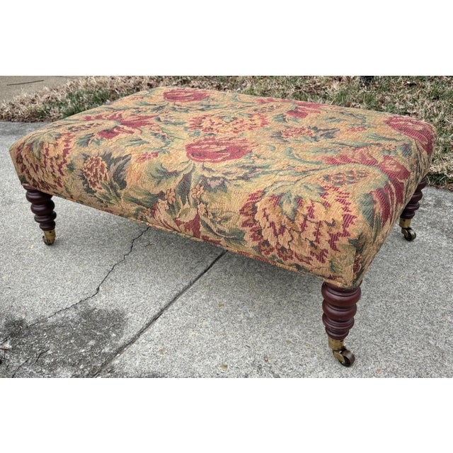 1990s 1990s Hickory Chair Turned Leg Tapestry Ottoman on Brass Casters For Sale - Image 5 of 12