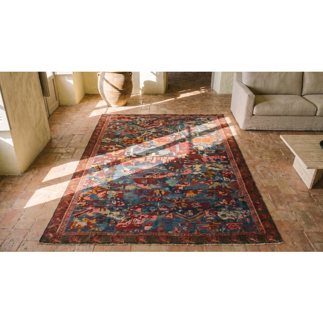 1900s Blue Abstract Tribal Antique Caucasian Sumak Rug 4'9" X 6' Handknotted Wool Carpet For Sale - Image 9 of 9