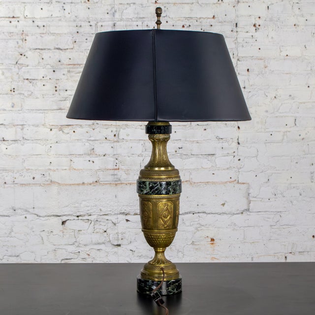 Mid 20th Century Early to Mid-20th Century Neoclassical Table Lamp Brass and Marble Urn Shaped Base Black Tapered Shade For Sale - Image 5 of 18