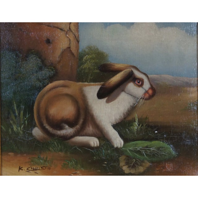 20th Century Realist Rabbit Countryside Signed Portrait Painting Canvas ...