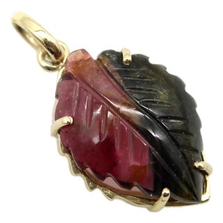 14k Gold Watermelon Tourmaline Carved Leaf Pendant For Sale
