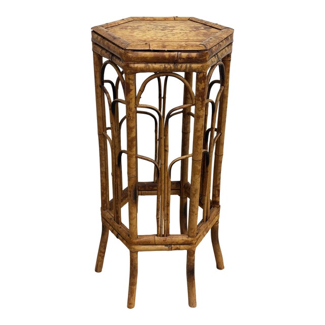 Vintage Hexagonal Scorched Bamboo Plant Stand For Sale