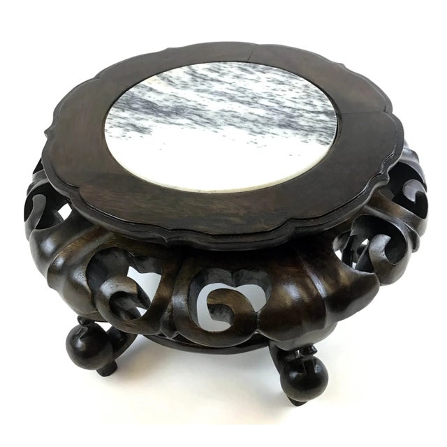 1980s Vintage Rosewood Hand Carved Plant Stand With Genuine Marble Top For Sale - Image 5 of 12