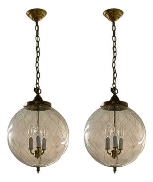 Pair of French Mid Century Modern, Brass, Blown Glass, Globe Pendant Lights,1950s