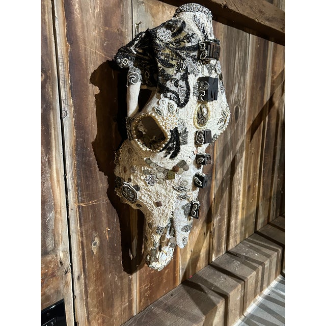 Large Mixed Media Skull Sculpture With Lace and Pearls For Sale - Image 4 of 13