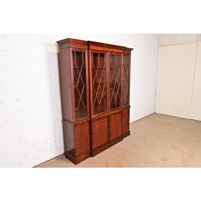 Baker Furniture Company Baker Furniture Historic Charleston Georgian Inlaid Mahogany Lighted Breakfront Bookcase Cabinet For Sale - Image 4 of 14