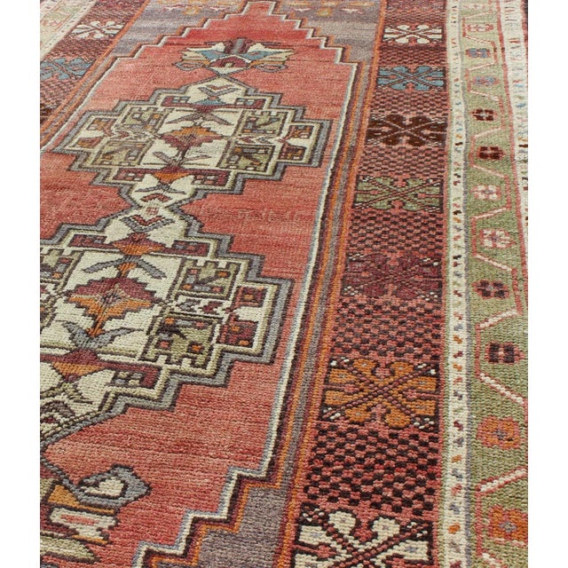Tribal Mid 20th Century Soft Red and Green Vintage Turkish Oushak Rug With Sub-Geometric Dual Medallions For Sale - Image 3 of 8