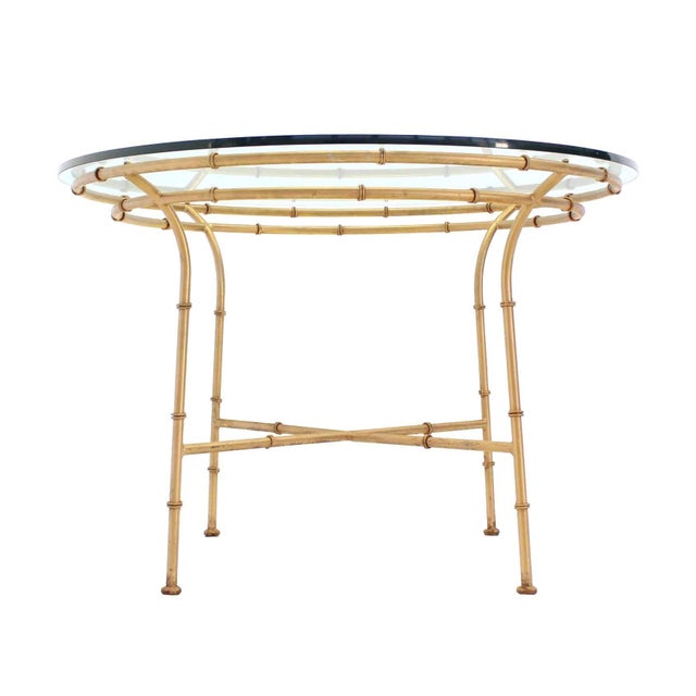 Nice Mid-Century Modern faux bamboo X base dining table w/ thick glass top.