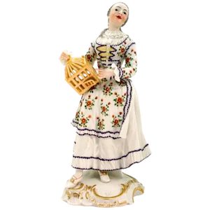Lady with Bird Cage Figurine by Johann Friedrich Lück for Nymphenburg Frankenthal, 1920s