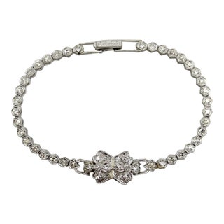 1920s Art Deco Platinum Diamond Flower Line Bracelet For Sale