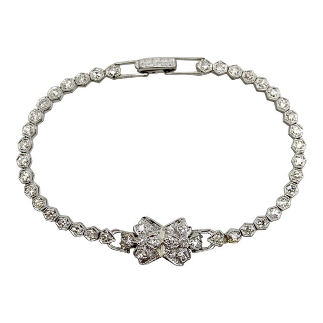 1920s Art Deco Platinum Diamond Flower Line Bracelet For Sale
