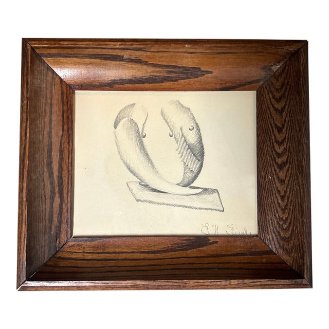 1950’s Original Abstract Fish Still Life Charcoal Drawing For Sale