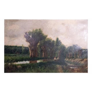 Pastoral Riverbank Scene, Oil on Canvas, Framed For Sale