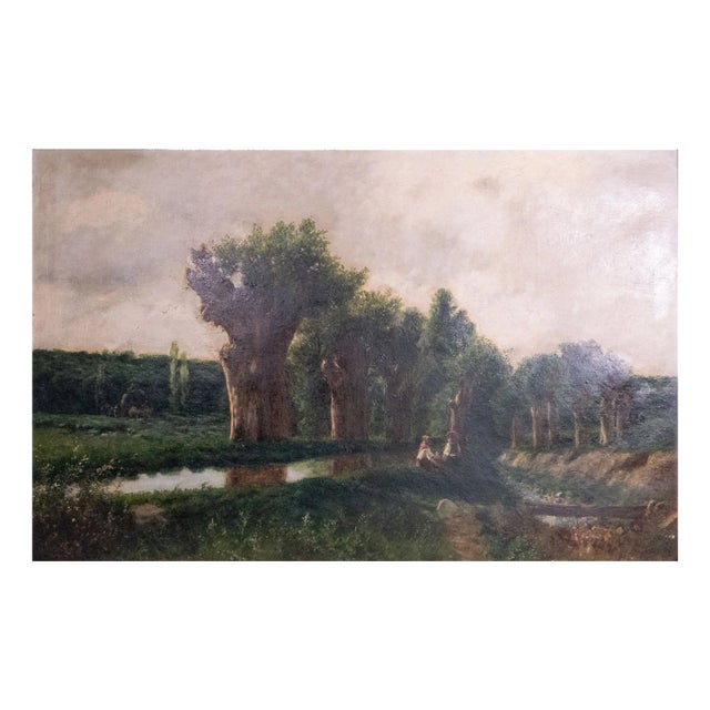 Pastoral Riverbank Scene, Oil on Canvas, Framed For Sale
