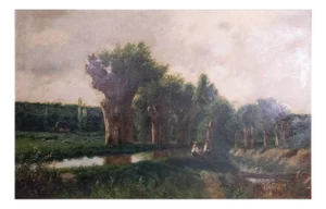 Pastoral Riverbank Scene, Oil on Canvas, Framed