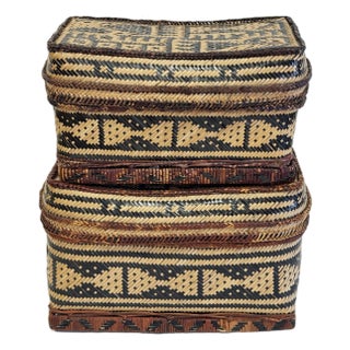 Vintage Nesting Woven Reed Lidded Basket Boxes For Sale