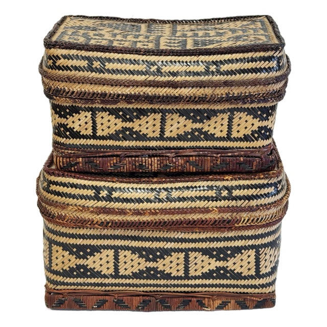 Vintage Stacking Woven Reed Lidded Basket Boxes For Sale
