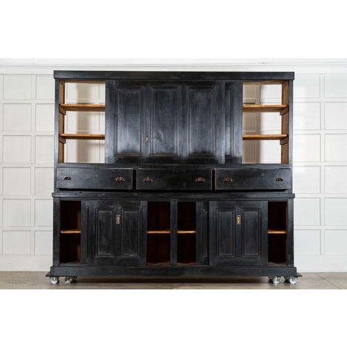 Circa 1880 monumental english 19thcebonised pine housekeepers cupboard together w267.5 x d77.5 x h223.5 cm base w267.5 x...